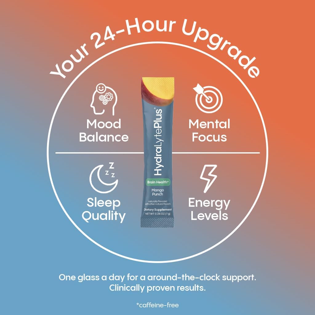 Hydralyte Brain Support - Memory & Focus | Electrolytes + Organic Lions Mane, Reishi, Cordyceps & 5-HTP | Adaptogen Drink Mix with Mushroom Powder | Support Focus and Mood (30 Pack, Mango Punch)