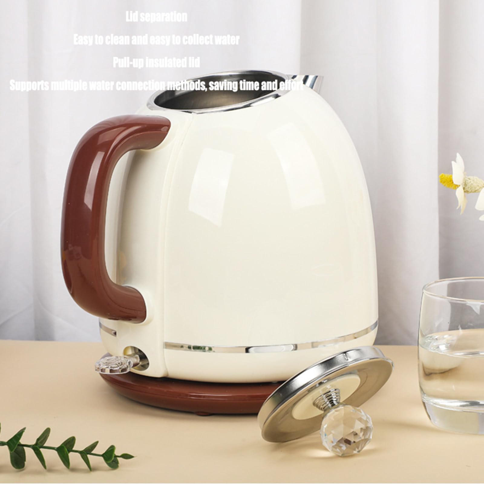 Bollitore Elettrico Domestico antiscottatura a Doppio Strato da 1,8 Litri, Rivestimento in Acciaio Inossidabile 304, spegnimento Automatico, Protezione con Fusibile ad Alta Temperatura,Beige