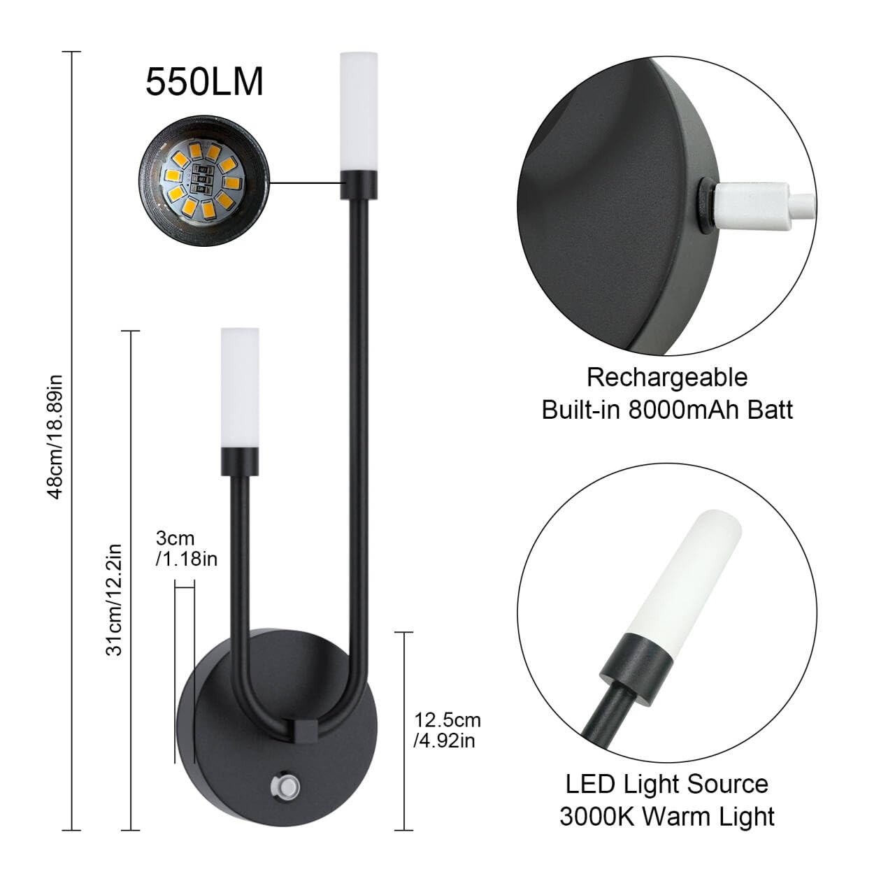 Aipsun 8000mAh wandlamp voor binnen, werkt op batterijen, met afstandsbediening, wandlamp 8 W zonder stopcontact, zwart, dimbaar, 3 kleuren, getimed, voor slaapkamer, woonkamer (2 stuks