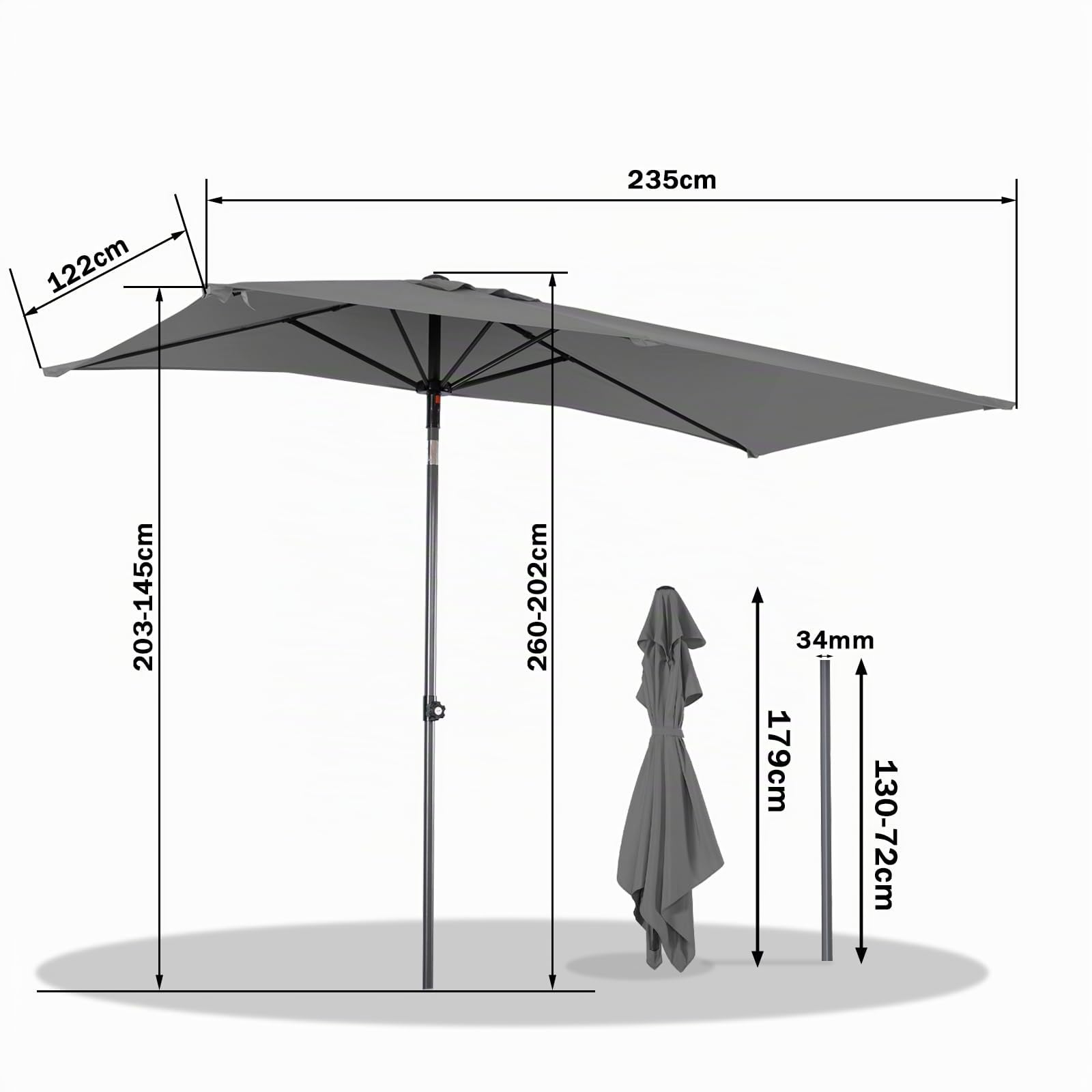 Angel Living Demi-Parasol de jardin, Parasol Droit Rectangulaire Inclinable, 2.5 x 1.3 m, avec Poussée Manuelle, pour Jardin Terrasse Balcon