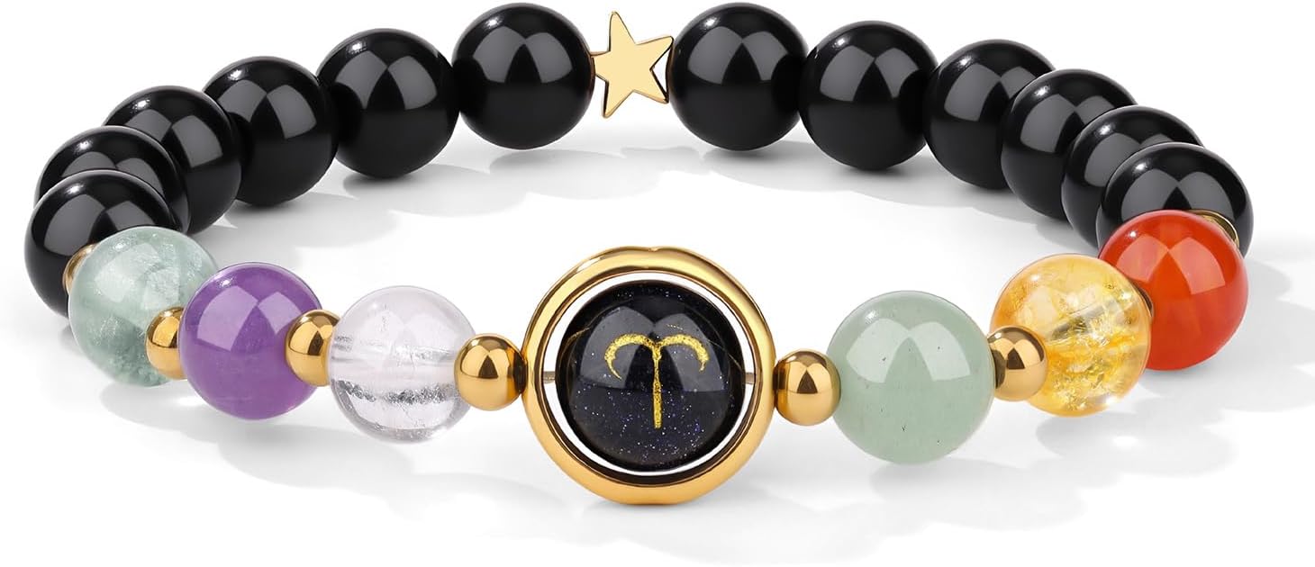 Crystal Vibe Aries Zodiac Bracelet Healing Crystal Constellation Bracelet with Citrine Amethyst Red Agate Birthday Horoscope Gift