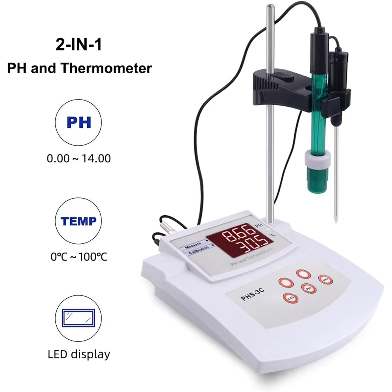 Misuratore di pH da laboratorio da tavolo, tester di acidità e alcalinità da laboratorio, campo di misurazione 0-14 pH, precisione ± 0,01 pH, calibrazione automatica a 2 punti, per acquario