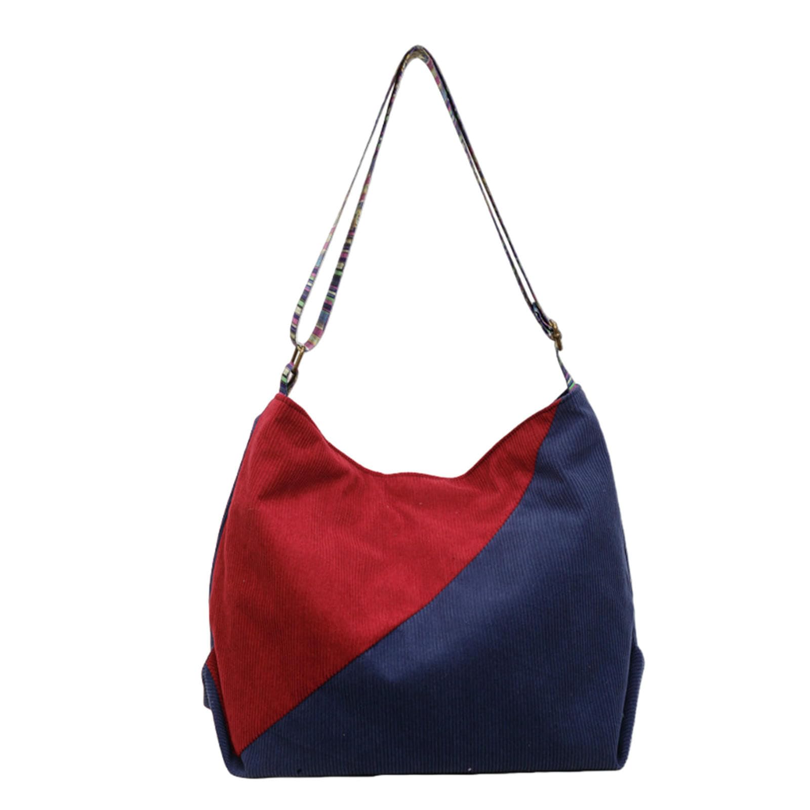 ZCABYBD East-West Crossbody Bag Fashionable Corduroy Tote Large Capacity Spliced ​​shoulder For Women-blue With Red