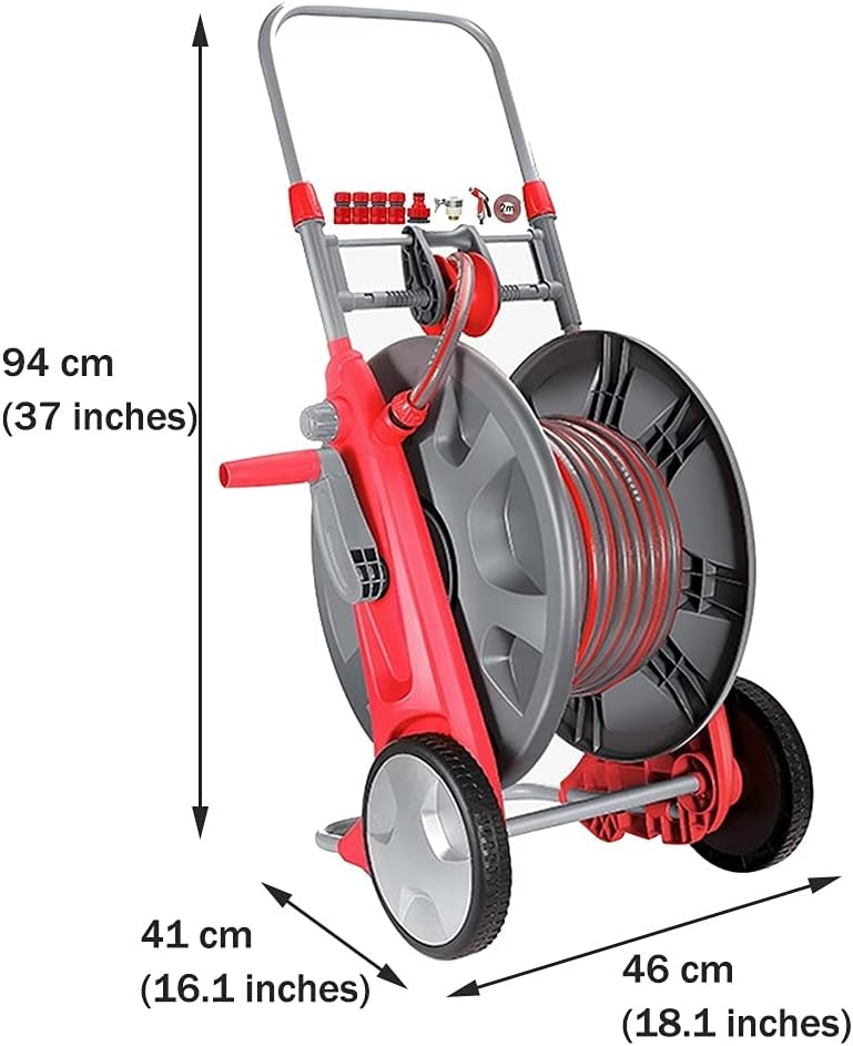 Garden Hose Reel Cart,Outdoor Portable Retractable Hose Cart with Rollers, Household Car Wash High Pressure Water Gun Hose Storage Rack (Color : Gray+Red, Size : +DN15 60m Pipe)