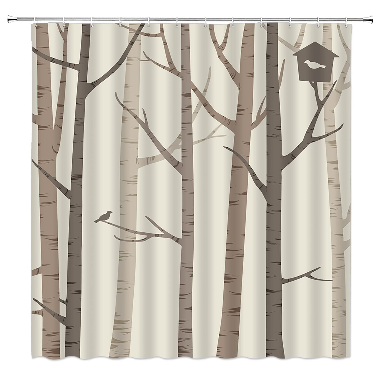 KTGHA Birch Shower Curtain Brown Tan Abstract Tree Rustic Style Leafless Forest Branch Fall Autumn Country Style Fabric Bathroom Decor with Hooks(47"