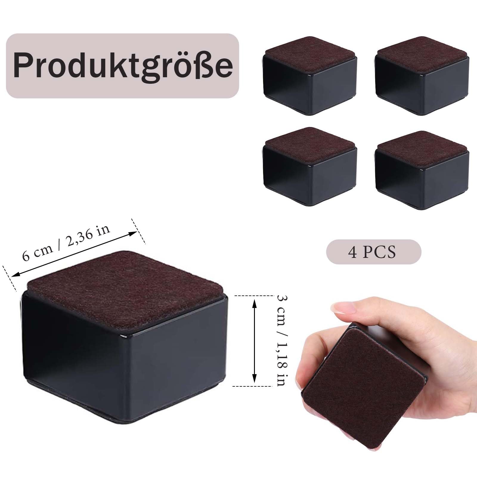 Podwyższenie meblowe ze stali węglowej, 4 sztuki, samoprzylepne podwyższenie mebli, podwyższanie stołu, średnica 6 cm, dodaje 3 cm wysokości do łóżka, szafy, kwadratu, kolor czarny