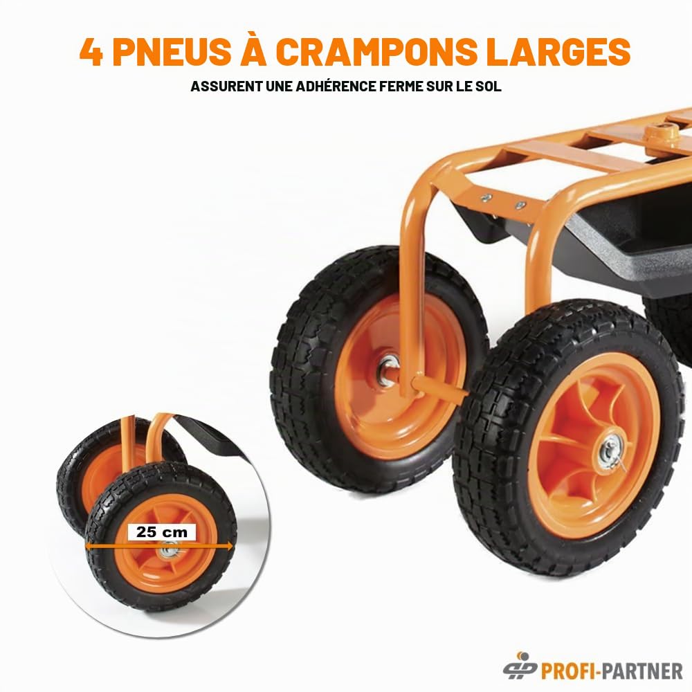 Siège de travail à roulettes pour jardinage - Siège de jardin - Chariot d'atelier avec roulettes - Charge maximale : 150 kg - Frein de stationnement - Pivotant à 360°