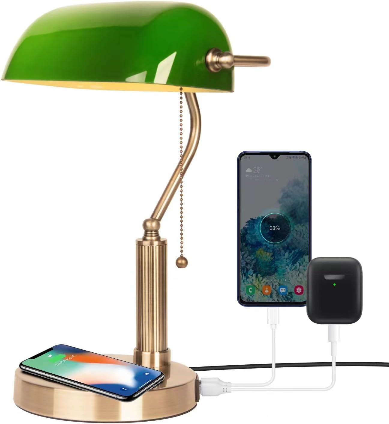 FIRVRE Bankers Office Desk Lamp, Vintage Green Glass Table Lamp with Brass Base, Classic Retro Light with Wireless Charging&USB Port