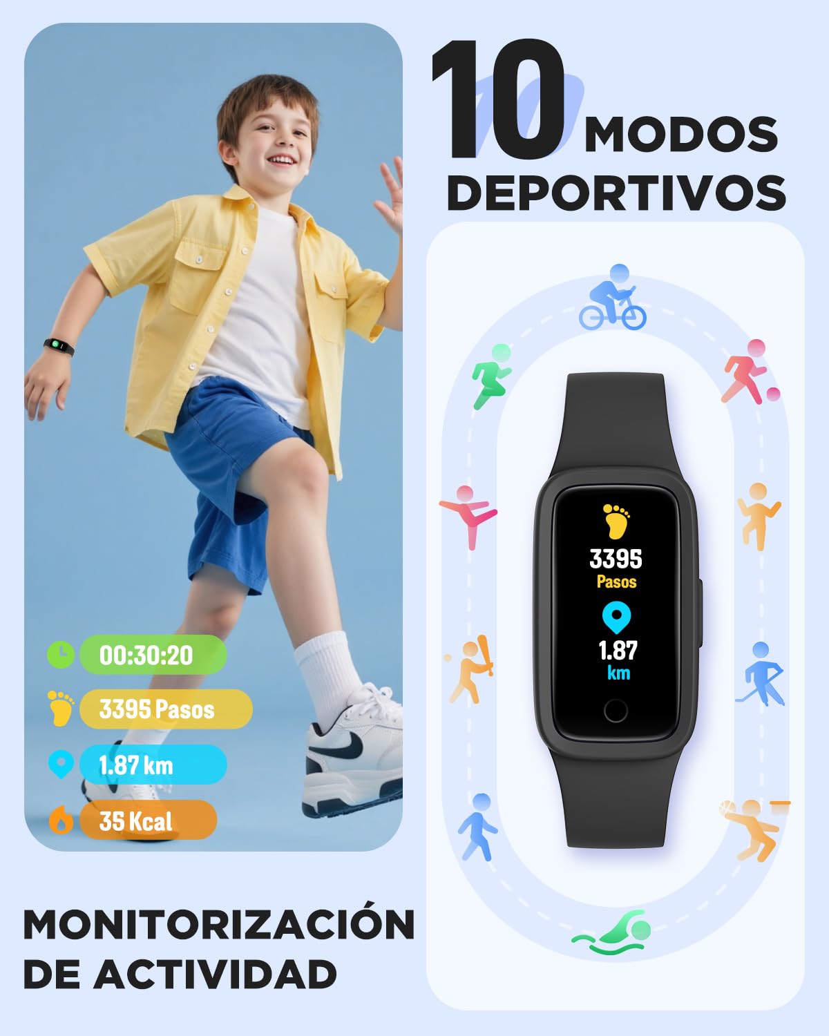 BIGGERFIVE Vigor 3 Pulsera de Actividad para Niños, Reloj Inteligente con Pantalla AMOLED, Impermeable 3ATM, Monitor Ritmo Cardíaco y Sueño, Negro
