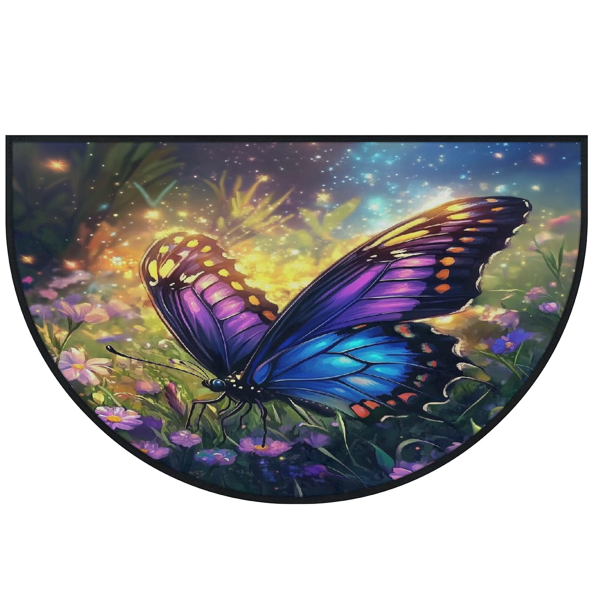 Mexpekil Beau paillasson demi-lune pour intérieur et extérieur - Motif papillon et fleur - Demi-cercle - Tapis de sol antidérapant - Lavable - Attrape la saleté - 100 x 160 cm