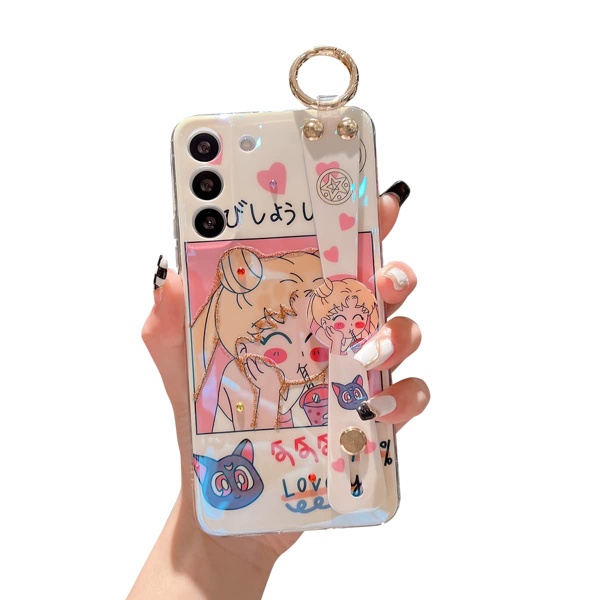 Lastma for Samsung Galaxy S22 Case [NOT PLUS] Cute with Wrist Strap Kickstand Case 6.1" 5G Glitter Bling Cartoon IMD Soft TPU Shockproof Protective Phone Cases Cover for Girls and Women - Cartoon Girl