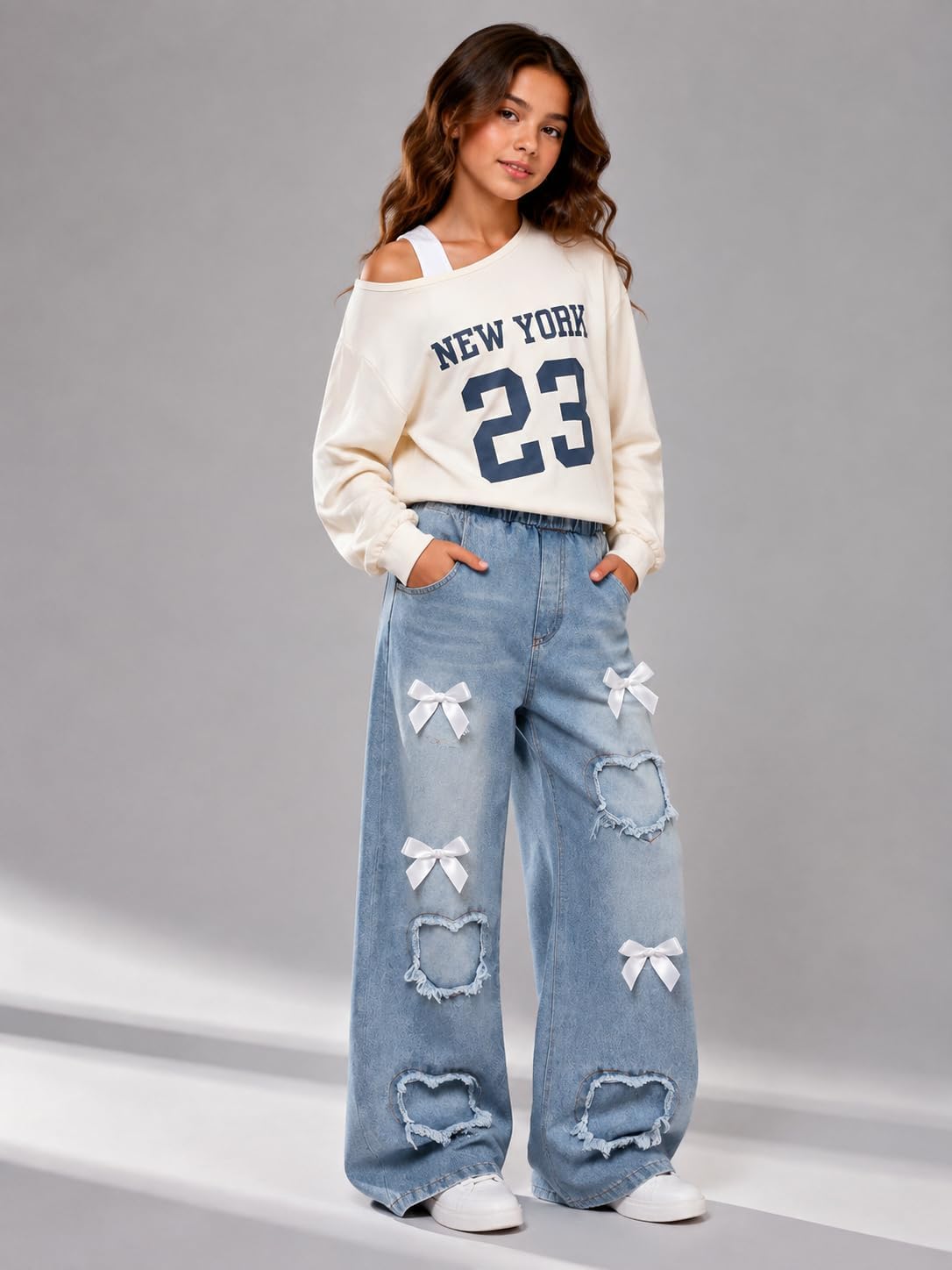 Tween Girl Clothes 2 Pieces Outfit Set Off Shoulder Top + Jeans Denim Fall Winter Spring Clothing, Size 8-16 Years