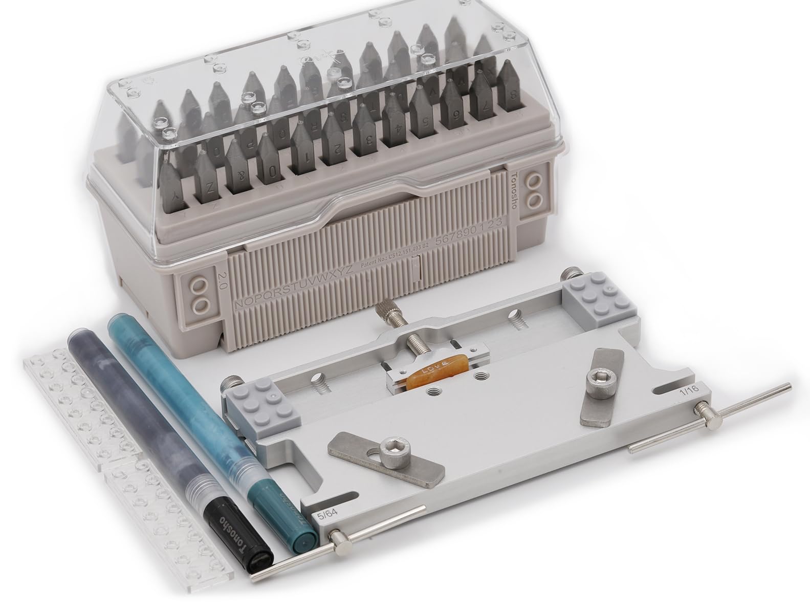 Tonosho Letter &amp; Number Metal Stamping System with Alignment Tool &amp; Anvil Block, A–Z &amp; 0–9, HRC 62 (1mm)