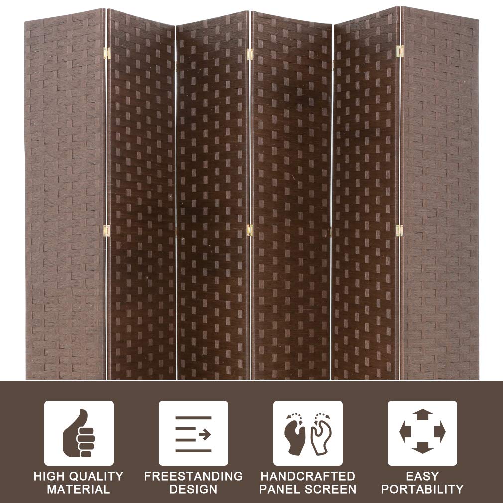 FDW Room Divider Wood Screen Wood Mesh Woven Design Room Screen Divider Folding Portable Partition Screen Screen Wood for Home Office (6 Panel, Brown)
