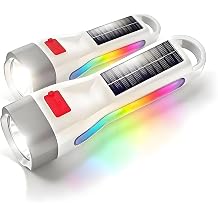 2 Pack Rechargeable Solar Color Changing Flashlight, 6 Modes High Lumens Portable Waterproof RGB LED Flashlight with Hook, for Home, Outdoor, Emergency, Camping, Hiking, Power Outage