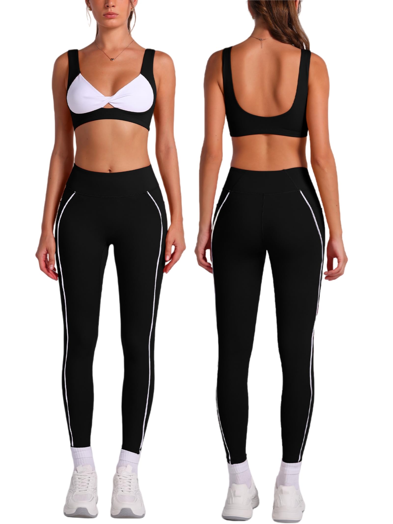 ABOCIW Two Piece Workout Sets for Women Contrast Trims Twist Front Sports Bra High Waist Leggings with Pockets