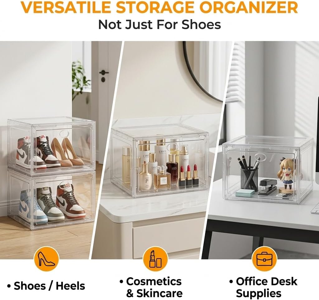 Large Shoe Boxes Clear Plastic Stackable, 8 Pack Drop Side Shoe Storage Organizer with Magnetic Door, Shoe Container Sneaker Storage Display Case Fit up to US Size 13 CLEAR