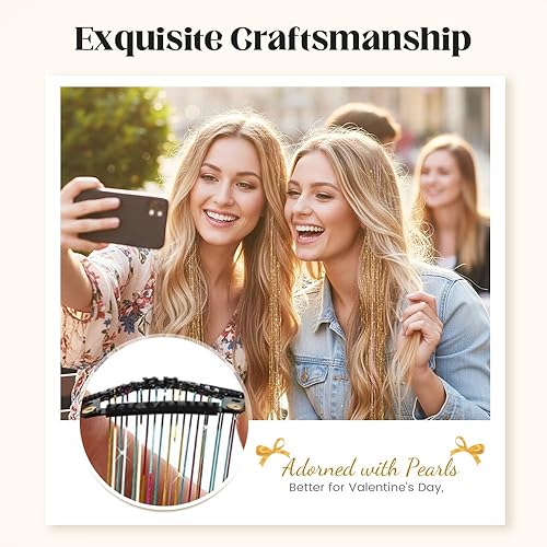 Miniatura 5 de 12 extensiones de cabello con clip, color champán, extensiones de cabello de oropel con clip, extensiones de cabello con purpurina para niñas y