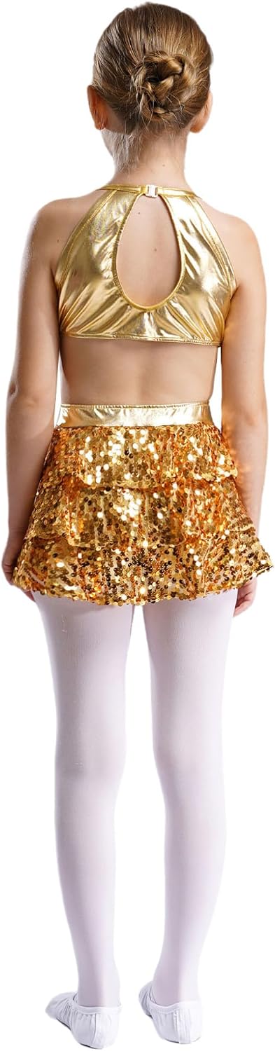 Hansber Kids Girls Jazz Latin Dance Dress Sequins Sleeveless Cutout Back Tiered Ruffle Ballet Ballerina Dancing Costume