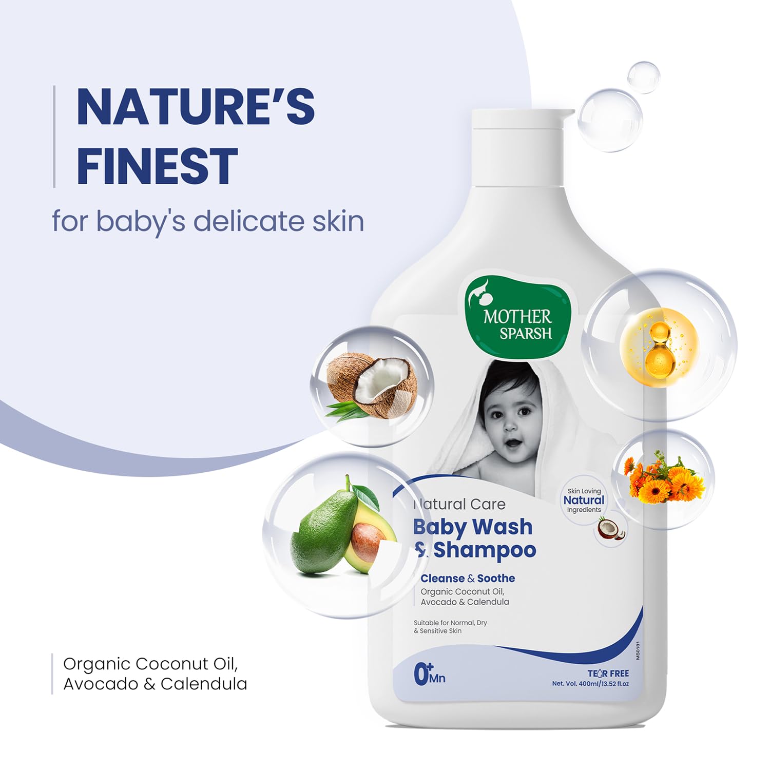 Mother Sparsh Natural Care Baby Wash & Shampoo-200ml | Baby Head to Toe Wash | Tear Free Formula With Organic Coconut Oil, Calendula & Avocado | Suitable for Newborn Sensitive Skin 2