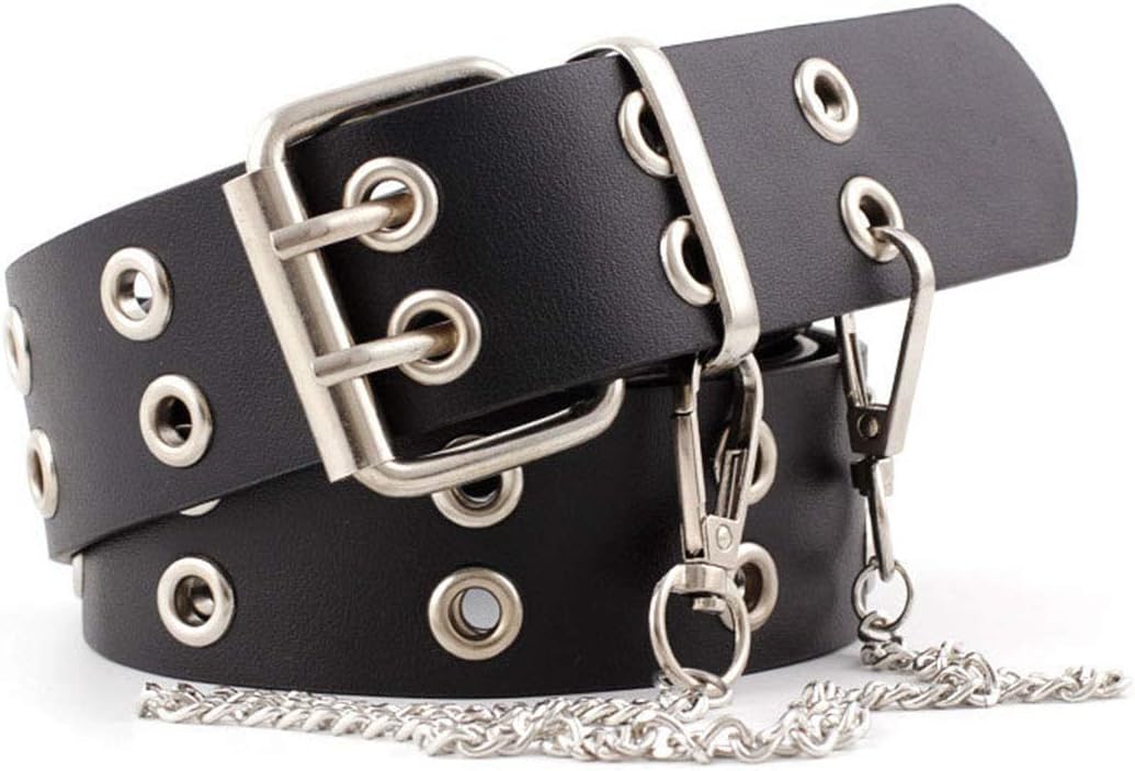 Double-Grommet-Belt Leather Punk-Waist-Belt with Chain for Women Jeans Dresses