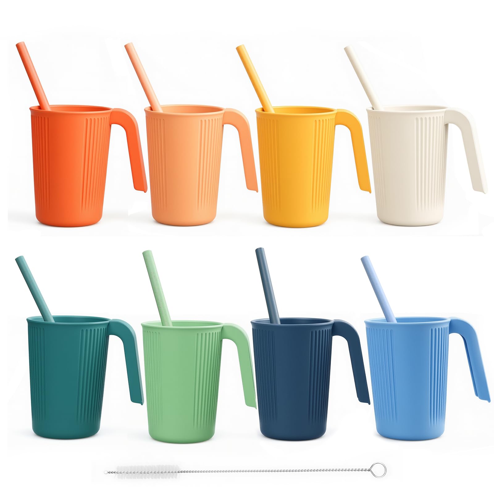 Hossejoy 8 Cups Reusable Plastic Handle Cups, Stackable Camping/Home Unbreakable Mugs with 8 Straws & 1 Straw Brush, Dishwasher & Microwave Safe