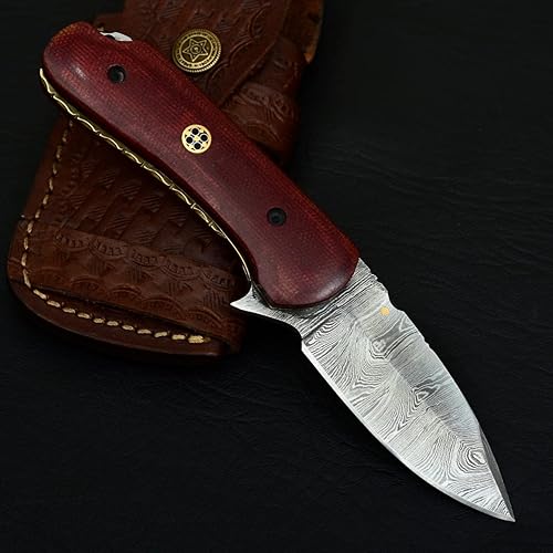 SHK Cuchillo de bolsillo de acero de Damasco hecho a mano personalizado con hermosa funda de cuero con lazo para cinturón, mango de madera de