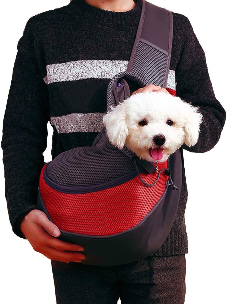 Pet Dog Sling Carrier Bag, Breathable Mesh Travelling Pet Hands-Free Sling Bag Padded Strap Front Pouch Travel Safe Shoulder Handbag Bag…