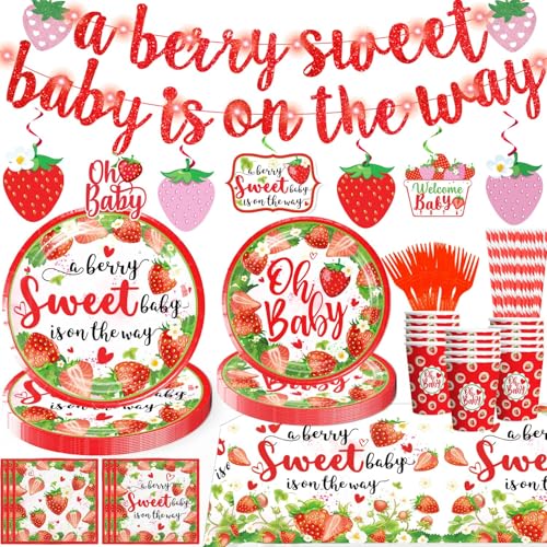 177 Pcs Strawberry Baby Shower Decorations, Berry Sweet Baby Shower Banner Hanging Swirls Paper Plates Cups and Napkins Girl Baby Dhower Decorations