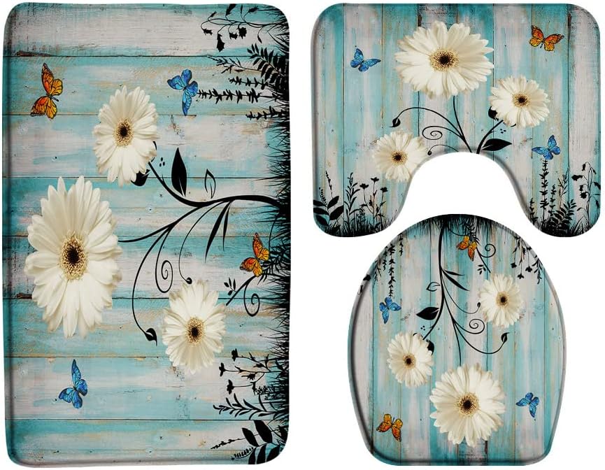 3 Pieces Bath Rugs Rustic Floral Sunflower Yellow Flower Teal Wooden Board Flower Butterfly Vintage Barn Door Farmhouse,Microfiber Memory Foam 18x30 Inch Bath Mat Sets or Bathroom Decor