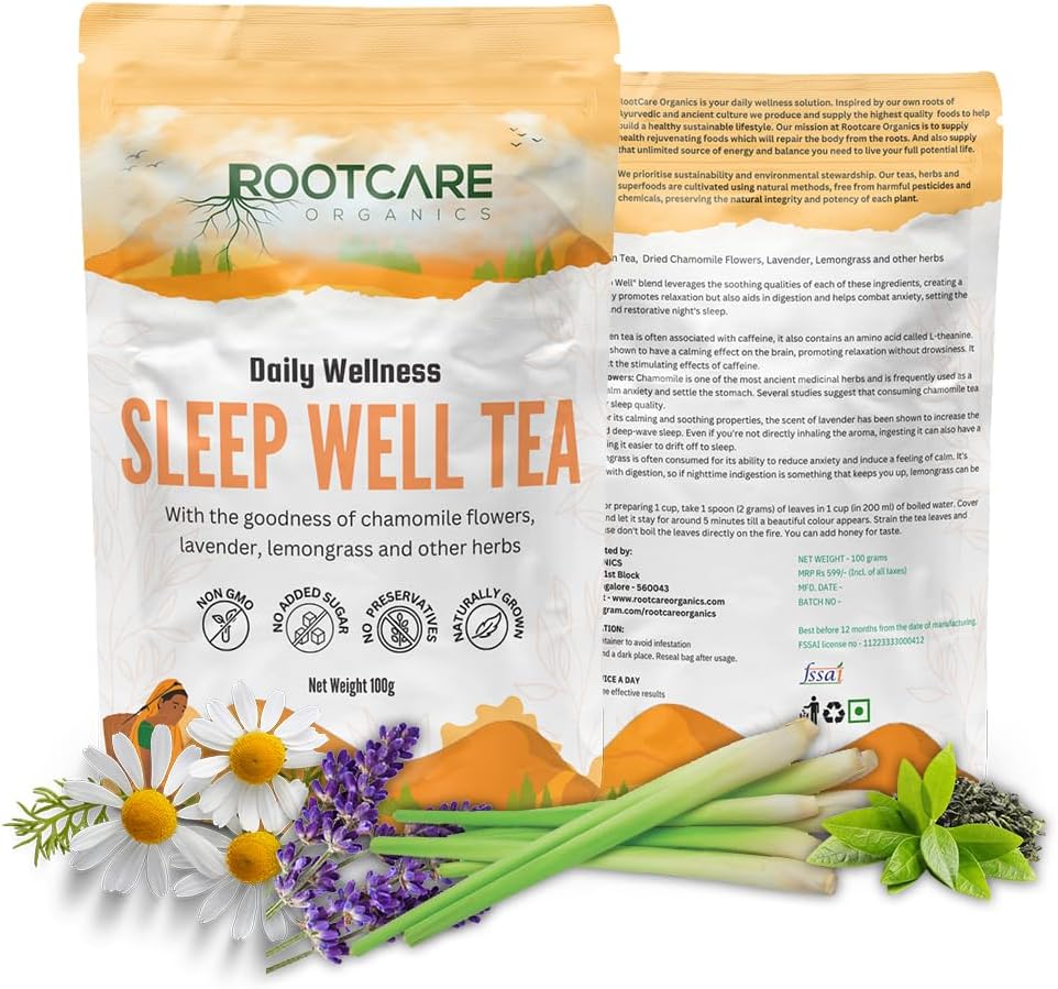 - Sleep Well Tea | Herbal Tea with Green Tea, Chamomile, Lavender & Lemongrass | Promotes Better Sleep & Reduces Stress | Supports Digestion | 100% Natural | 100g Pack Of 1 Month