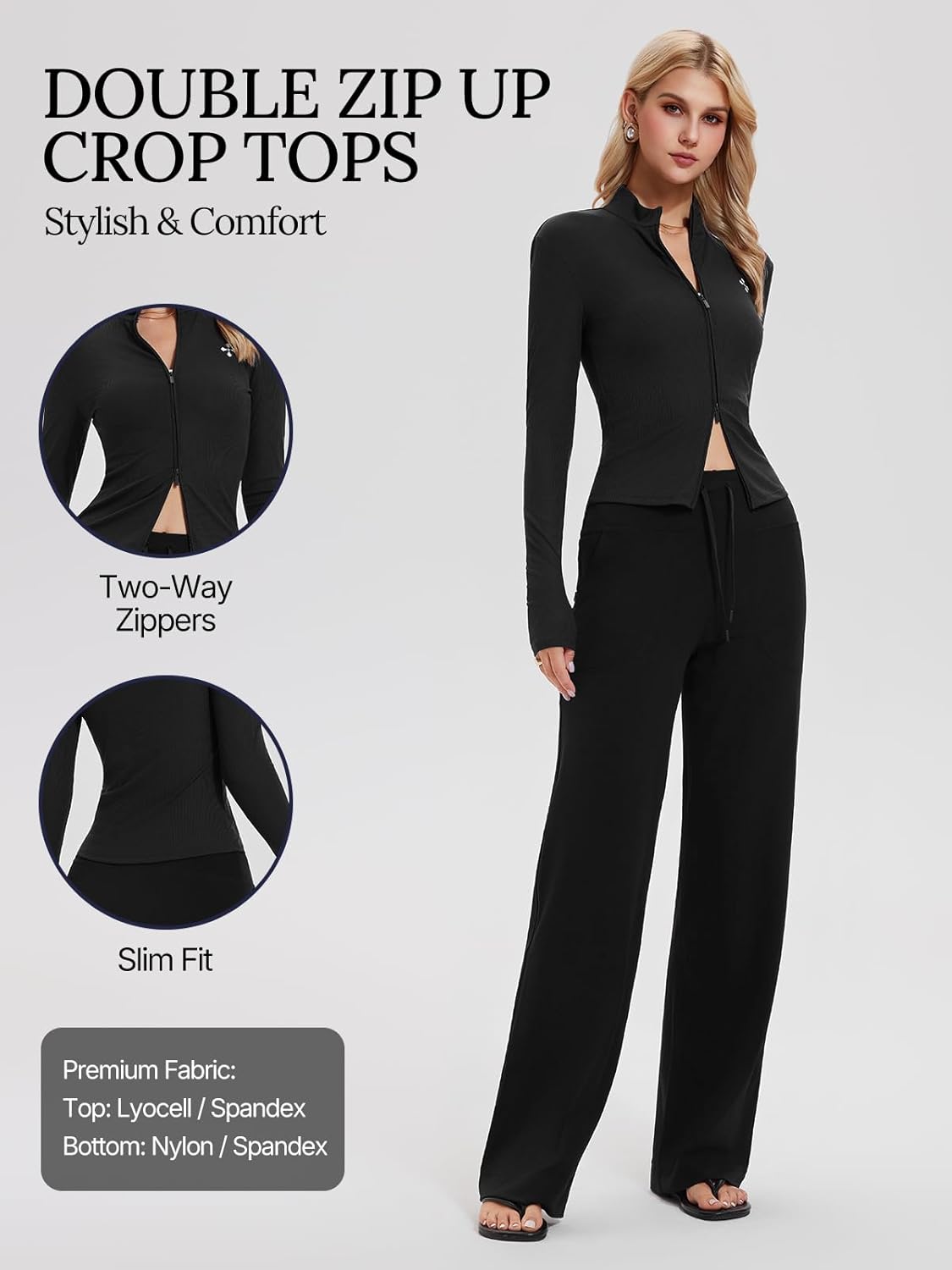 Women's 2 Piece Sets Double Zip Up Top Long Sleeve & Wide Leg Pant Lounge 2025 Fall Tracksuit Casual Sweatsuit Travel Outfit - Image 5