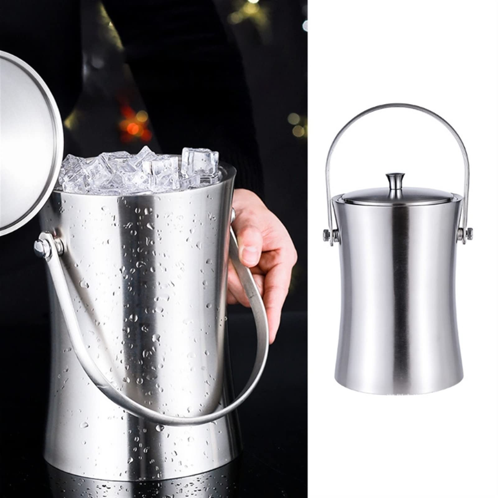 Cubo para Hielo Recipiente de Cubo de Hielo de Acero Inoxidable con Tapa y Pinzas champán Cooler Cooler Ice Cubo de Hielo Plateado de Doble Pared Cubo de Hielo Aislante (Color : 2.0L)