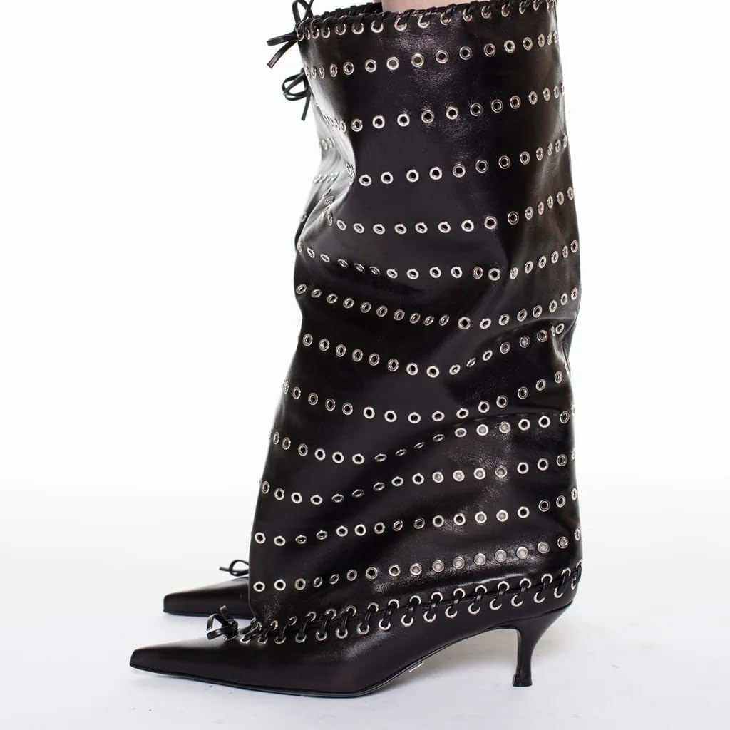 keleimusi Laced Embellishment Knee High Boots Women Metal Eyelets Pointed Toe Tall Boots Kitten Heel Bow Tie Long Boot Pull On Dress Fashion Wide Calf Knee High Boots/Short Booties