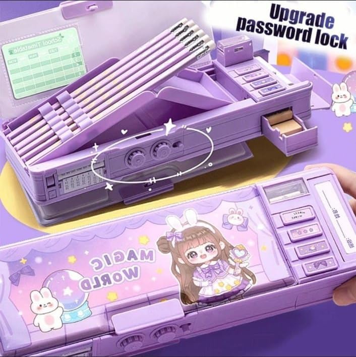 Image of Royals hub Plastic Galaxia Multifunctional Magic World Password Lock Double Sided Compass Box for Kids, Aesthetic Stationary Items, Baby Girl Theme Pencil Case Return Gifts for Kids, Purple