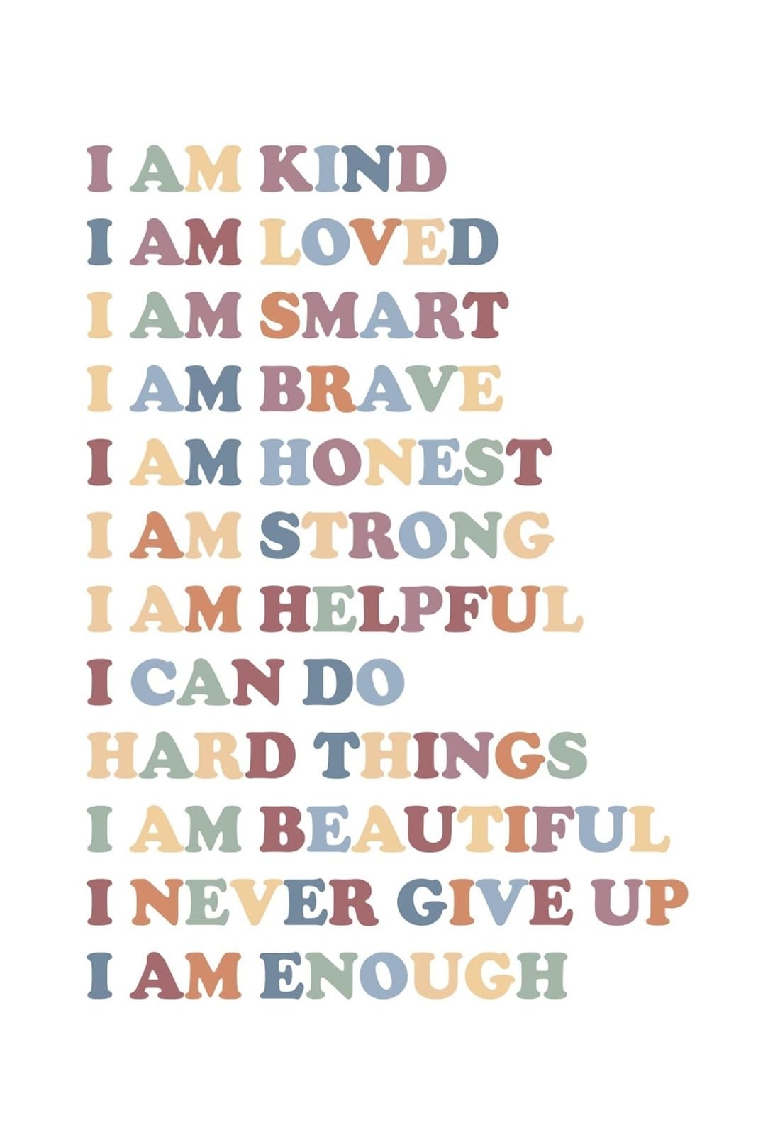 RNUMLIGH Motivational Wall-Art for Affirmations Print I Am Kind I Am Enough Playroom Bedroom Decor Encouraging Gift(Unframed,12x18inch(30x45cm))
