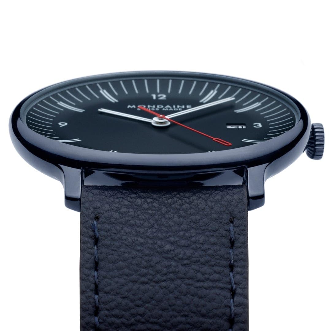 Mondaine Doppio zegarek męski 41 mm – szwajcarski mechanizm kwarcowy, niebieski cyferblat, szkło szafirowe, wodoszczelny, stal nierdzewna z recyklingu, wegańska bransoletka ze skóry jabłkowej