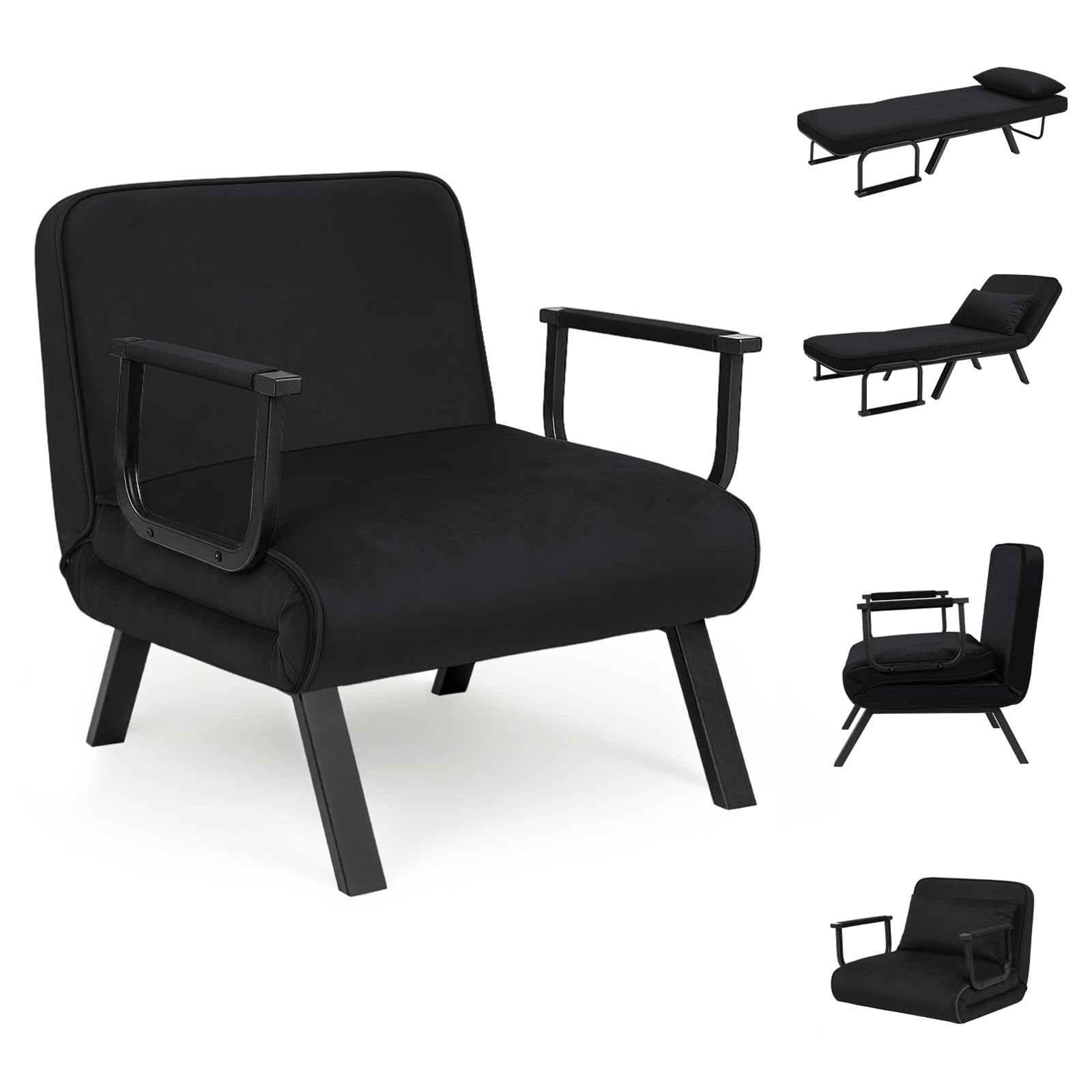 CROWNSHOP Folding Sofa Bed 4-in-1 Convertible Single Chair Bed with 6-Position Backrest and Pillow, Folding Sleeper Couch with Back Upholstered Seat Single Flip Chair for Living Room (Black) โ image 1