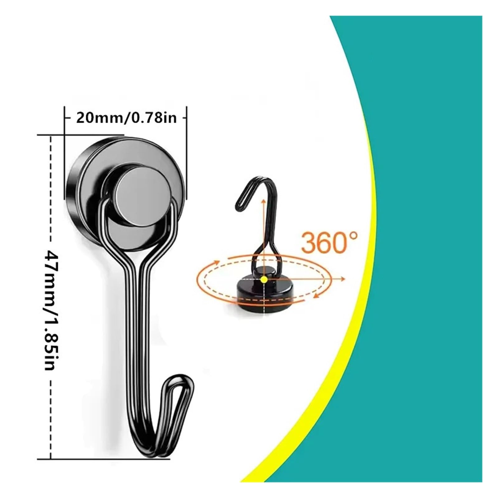 Genérico Gancho magnético negro de varios tamaños, ganchos giratorios magnéticos resistentes for soporte, herramientas almacenamiento cocina y nevera(360-20mm-8PCS)