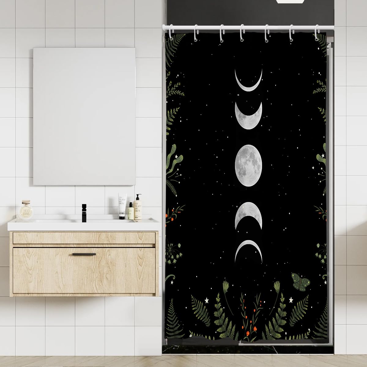 Coxila Moon Phase Shower Curtain Stall Small Moonlit Goth Gothic Witchy Witch Celestial Mysticism White with Red Leaves Plants Floral Design Bathroom