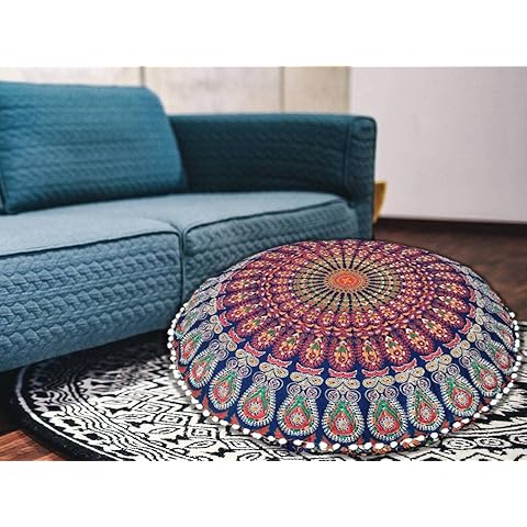 My Dream Carts 32 Inch Floor Pillow “Cover Only” Indian Mandala Pouf Hippie Throw Pillows Round Yoga Cushion Cover Large Decorative Pillowcase Boho Mandala Home Decor (32” Pillow Cover,Without Filler Cover
