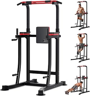 ZCMHAXJ Pull Up Bar Free Standing, 450LBS Triangular Gusset Reinforced Pull Up Dip Station, 6-Level Adjustable Height Power Tower, Multi-Grip Home Gym Strength Training Equipment with Backrest