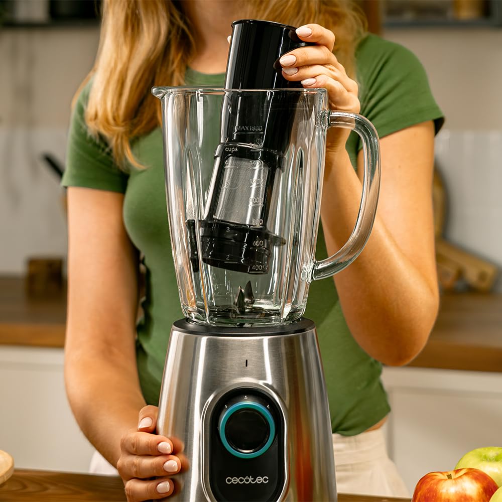 Cecotec Frullatore a Bicchiere Power Black Titanium 2000MAX Inox Pro. 1800W, 27800RPM, 8 Lame Titanio Nero, Caraffa Vetro 1.8L, 2 Velocità, Pulse, Tritaghiaccio, Lavastoviglie, Filtro Frullato