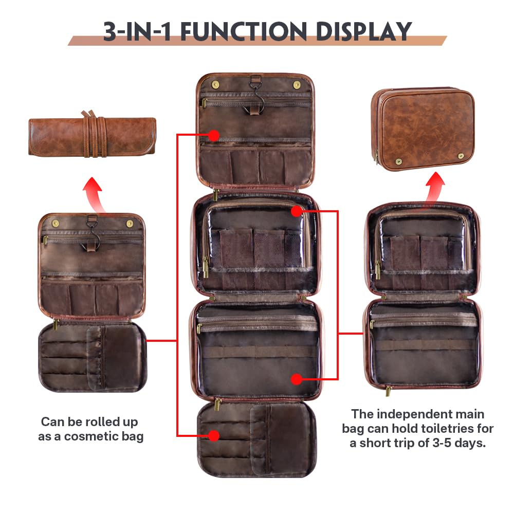 HDSD Custom Men‘s 3-in-1 PU Leather Toiletry Bag Personalized Hanging Travel Organizer Bag for Father Husband Boyfriend (Black)