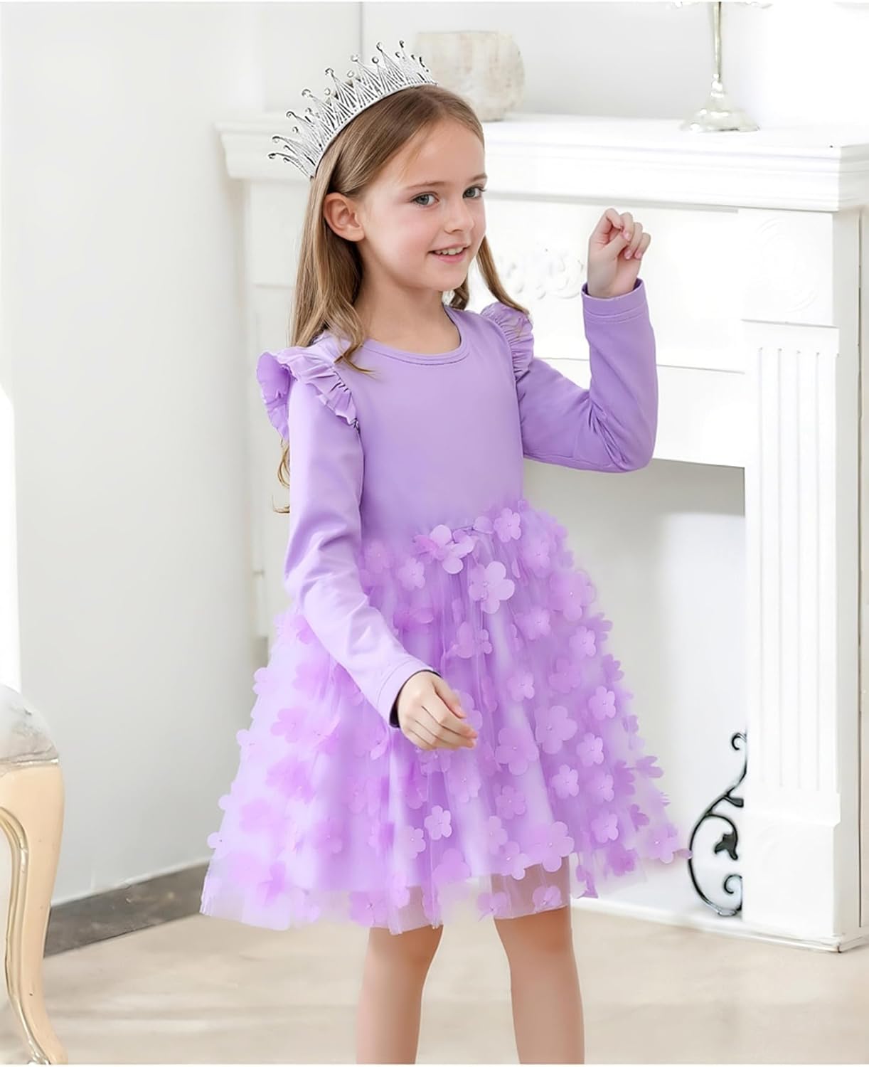 Cute Toddler Girl Princess Tulle Dress Long Sleeve Cotton Sundress Little Girls' Party Dresses,Size 2-9 Y - Image 2