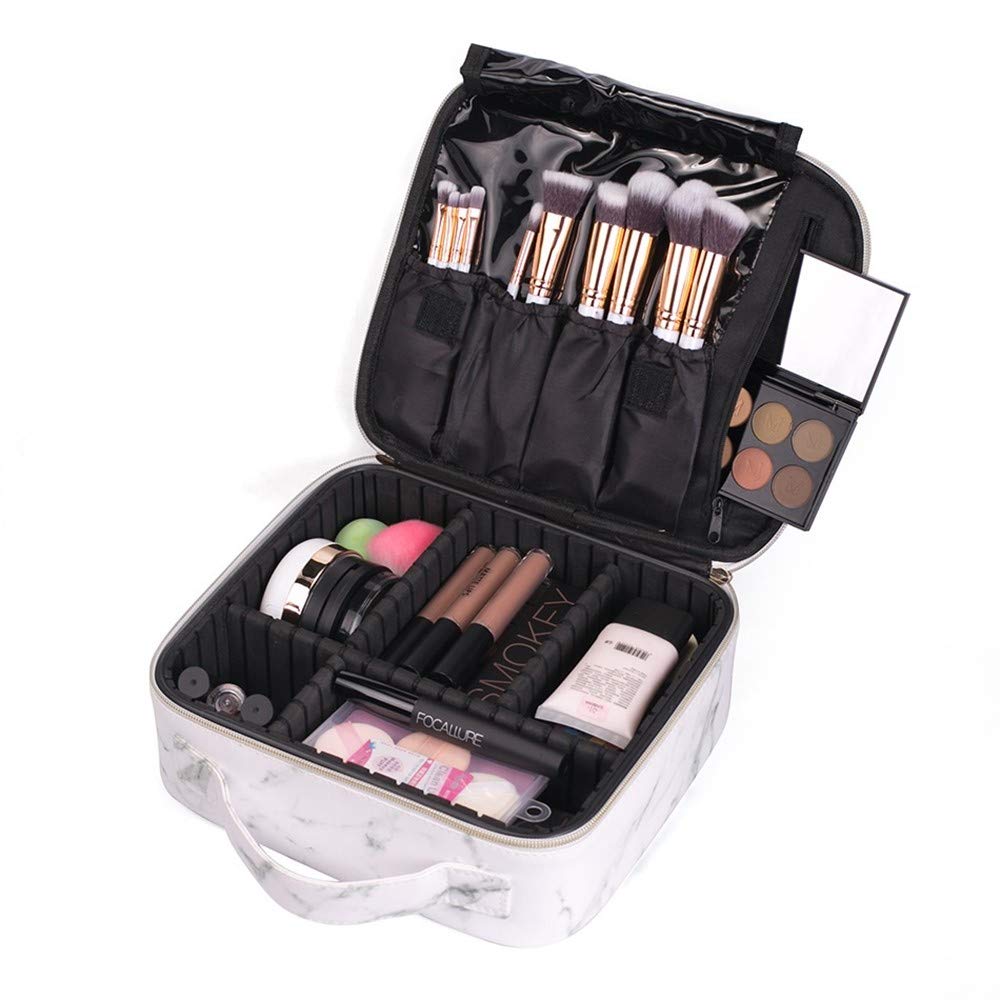Makeup Set for Beauty Beginner, Marble Cosmetic Bag Case with Makeup Brushes Set 5 Pair Magnetic Eyelashes 1 Eyelash Curler 50 Eyelash Mascara Brushes 2 Makeup Sponges with Holder 3 Eyebrow Razor