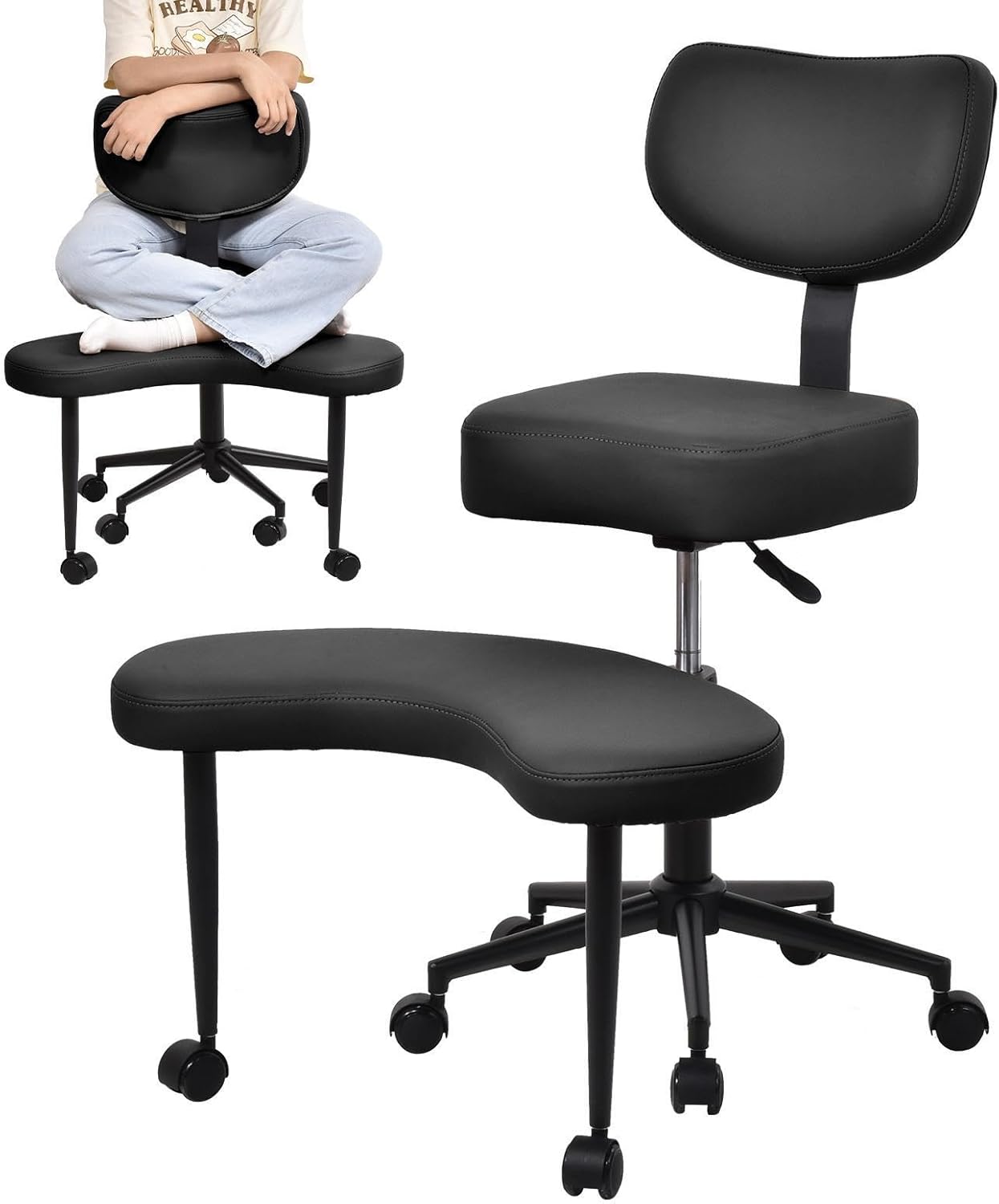 Cross Legged Chair PU Leather Ergonomic Adjustable Height 18.5-23.2" Meditation Chair 300 lbs 360° Swivel with Footstool for Home Office Black