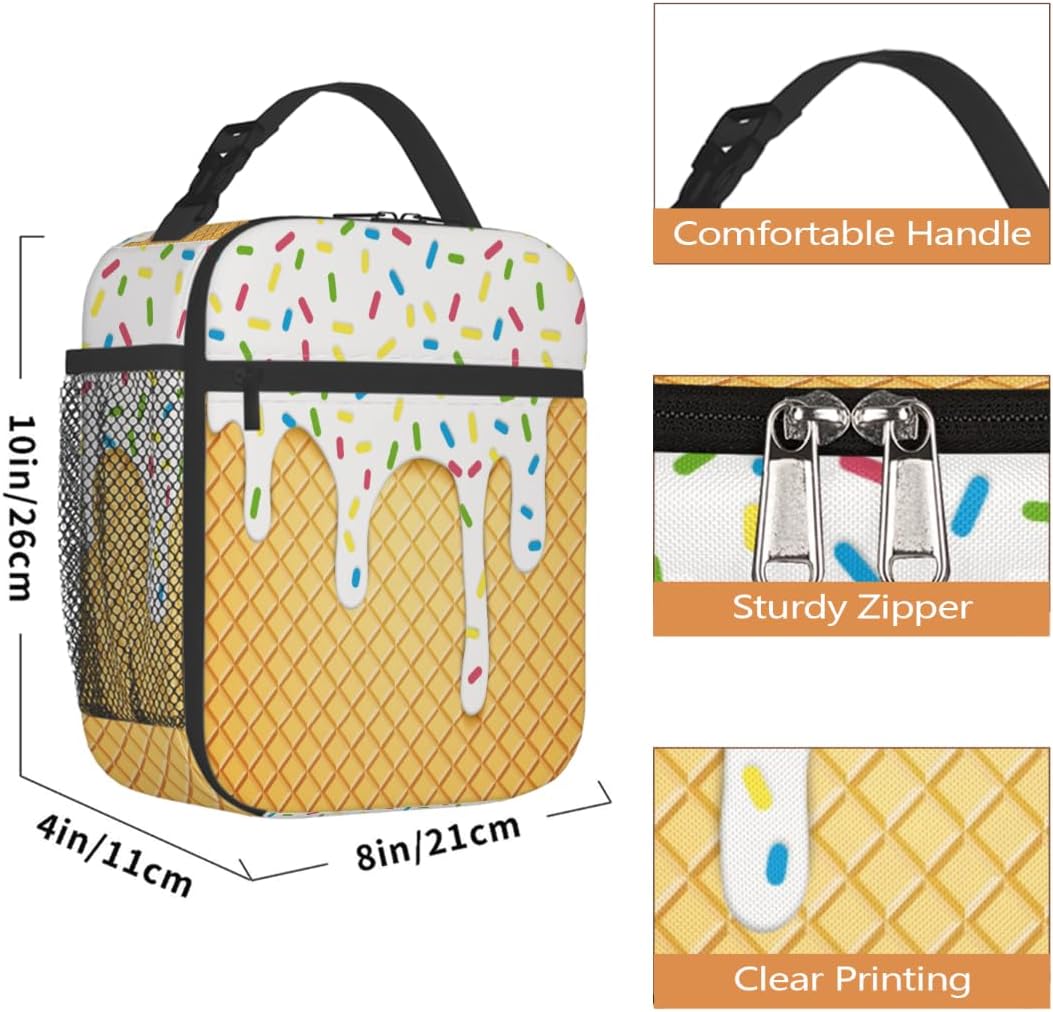 Ice Cream Lunch Bag Thermal Cooler Bento Tote Bags Portable Insulated Lunch Box for Girls Boys School Women Men Beach Picnic Travel, White image 2