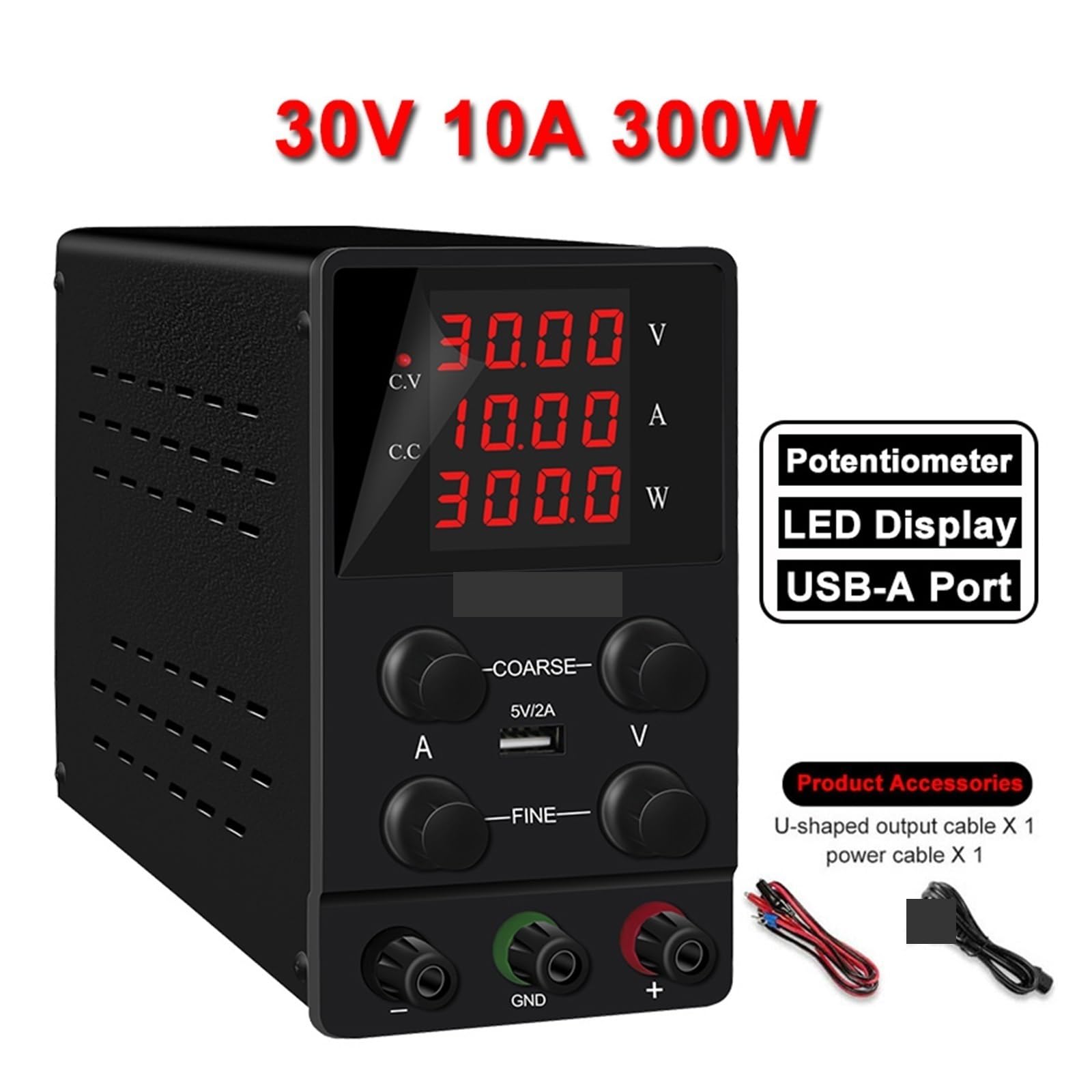 Fuente de alimentación de CC, OCP OVP Fuente De Alimentación CC Mejorada 30V 10A 300W SALIDA Banco Laboratorio USB-A/C 18W Puerto Carga Rápida Regulador Voltaje(SPS3010)