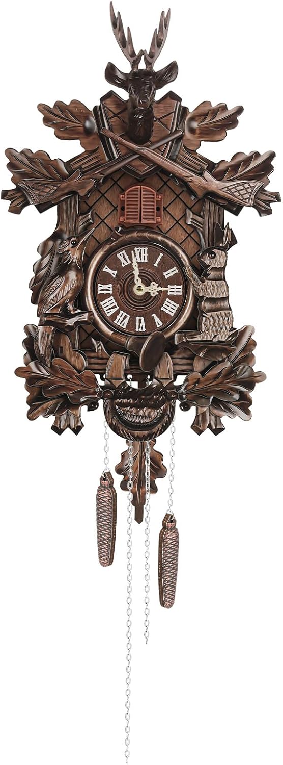 Cuckoo Clock, Retro Wooden Cuckoo Birdhouse Antique Wall Clock Forest Clock Home Decor Auto Swing with Singing Bird Vintage Chalet Design(No Battery) (Type A)